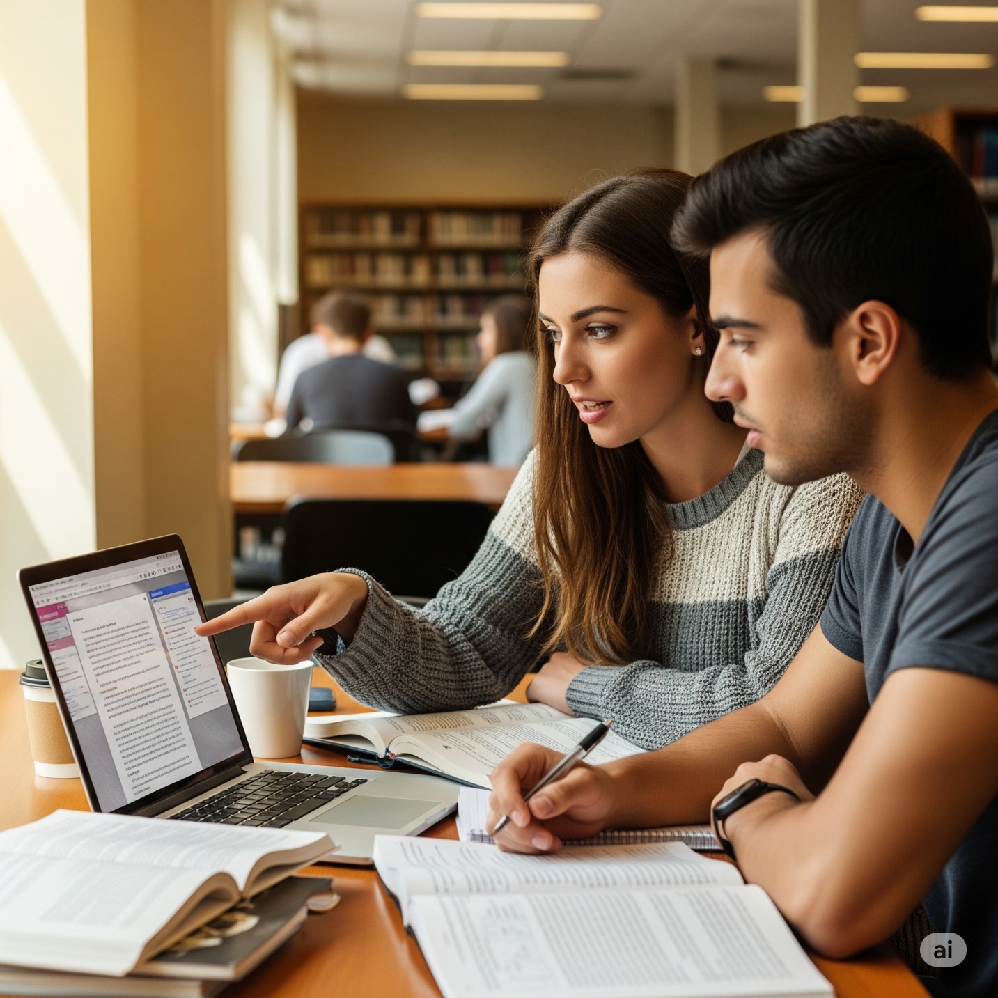 Two Students Discussing Their Class Notes On A Laptop